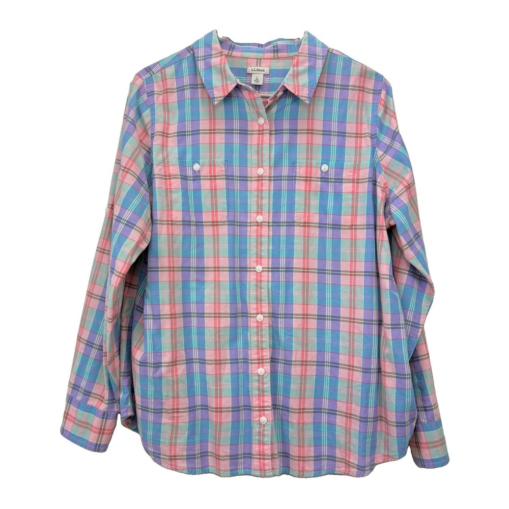 LL Bean Womens Colorful Plaid Madras Button Up Shirt Size LARGE - Picture 4 of 11